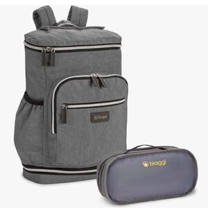 Gray Biaggi backpack that can be collapsed and stored in a neat packing cube.